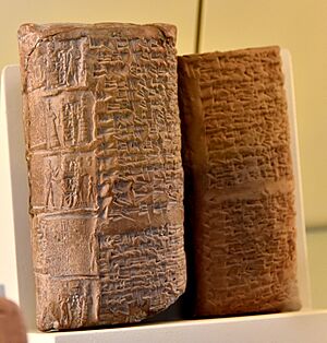 Clay tablet and its sealed clay envelope. Legal document, listing of land and their distribution to several sons. From Sippar, Iraq. Old-Babylonian period. Reign of Sin-Muballit, 1812-1793 BCE. Vorderasiatisches Museum, Berlin, Germany