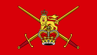 The British Lion, the crown and crossed swords on a red background