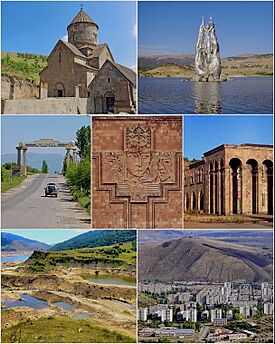 From top left:Makravank Monastery • Tsovinar monument on  Aghbyurak Reservoir • Entrance monument Palace of Culture • Music school  Marmarik Reservoir •  Hrazdan skyline