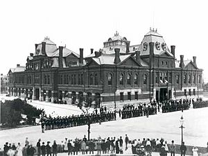 Pullman strikers outside Arcade Building