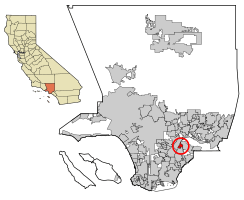 Location of West Whittier-Los Nietos in Los Angeles County, California.