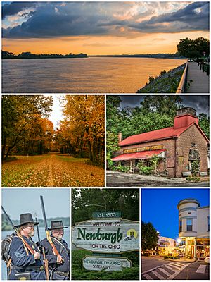 Top to bottom, left to right: Newburgh riverfront, Angel Mounds, Newburgh Country Store, re-enactors of the Newburgh Raid, town welcome sign, and Exchange Hotel