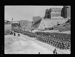 Palestine disturbances 1936. The Scots Guards parade passing down Bethlehem road below the so-called 'Citadel' LOC matpc.18258