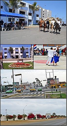 From top and left to right: Paso horses in a parade, Municipality of victor Larco, marinera dance, Association of Breeders and Owners of Paso Horses in La Libertad, Buenos Aires welcome in Larco Avenue