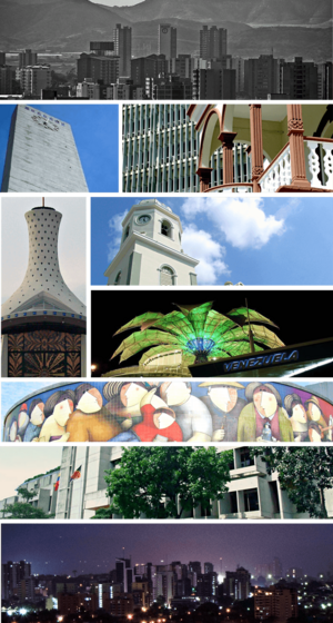 Top:Skyline view of West Barrio Nuevo area, Second:Obelisk of Barquisimento, Barquisimento Municipal Tower and Casa de Eustaquio Gomez (Eustaquio Gomez House), (left to right) Third:Barquisimento Metropolitan Cathedral, Santa Rosa Church, Flower of Venezuela, (left to lower right) Fourth:Centroccidential Lisandro Alvarado University, Fifth:Barquisimento Government Palace, Bottom:Night view of central Carrera area