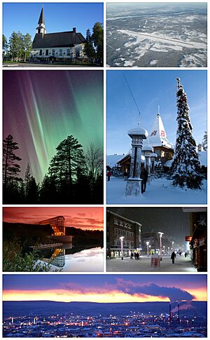 Clockwise from top: the Rovaniemi Church, the Rovaniemi Airport, the Santa Claus Village, downtown Rovaniemi, a view of the city from Ounasvaara, the Arktikum Science Museum, and aurora borealis in Someroharju.