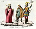 Monarchs of Hungary, Attila, Gyula, Bela I, Illustration for Il costume antico e moderno by Giulio Ferrario 1831