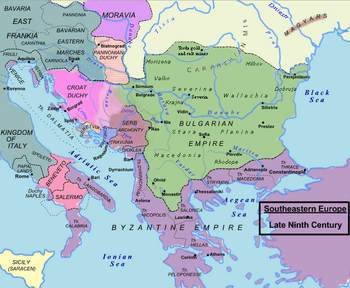 Southeast Europe c. 850; Duchy of Croatia is shaded pink.