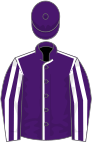 Purple, white seams, striped sleeves, purple cap