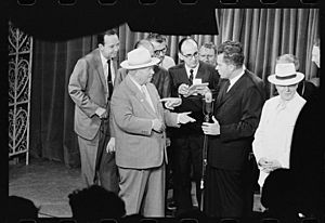 Richard Nixon and Nikita Khrushchev debating at the American National Exhibition in Moscow