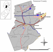 Location of Watchung in Somerset County highlighted in yellow (right). Inset map: Location of Somerset County in New Jersey highlighted in black (left).  <mapframe text="Interactive map of Watchung, New Jersey" zoom="8" width="250" height="250"> {  "type": "ExternalData",  "service": "geoshape",  "ids": "Q1082868" } </mapframe>