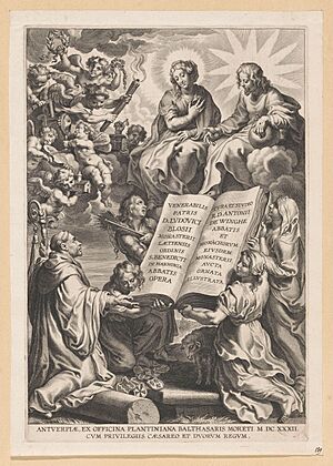 Ludovicus Blosius knielt voor Christus en Maria Titelpagina voor L. Blosius, Opera, Antwerpen 1632., RP-P-OB-6962