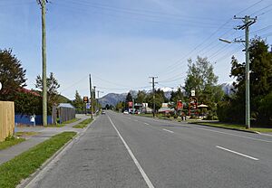 State Highway 73 passing through Springfield, with the Southern Alps beyond