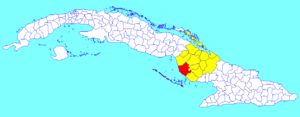 Vertientes municipality (red) within  Camagüey Province (yellow) and Cuba