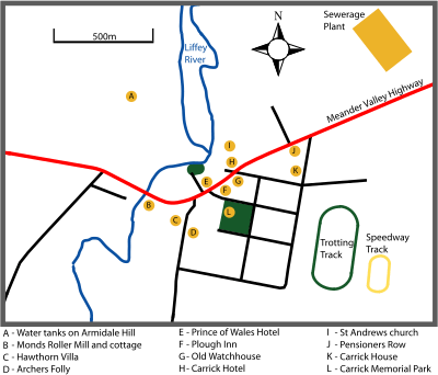 Town map showing some landmarks and historic buildings