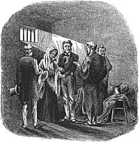 An etching of a man and a woman being married in a jail cell. Sunlight streams in through a small window.