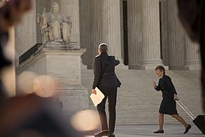 Marriage Equality Mary Bonauto (with suitcase) gives the thumbs up to Mary Breslauer as she enters the Supreme Court. Bonauto is arguing the case today (17300475741)