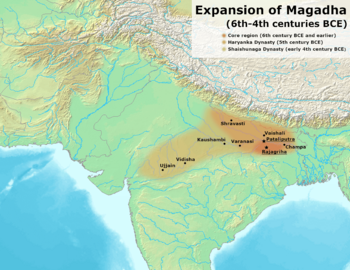 The approximate extent of the Haryanka dynasty between the 6th and 5th century BCE.