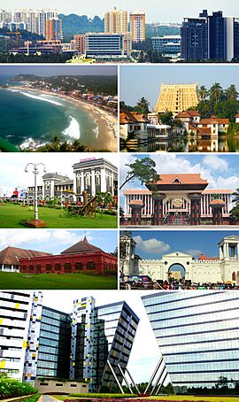 Left to right, from top: Thiruvananthapuram City Skyline, Kovalam Beach,  Padmanabhaswamy Temple, Thiruvananthapuram Central railway station, Niyamasabha Mandiram, Kanakakkunnu Palace, East Fort, Technopark