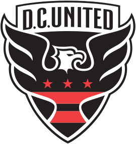 A shield with stylized black eagle facing right with three red stars and two red strips across its chest, and the words "D.C. UNITED" above.