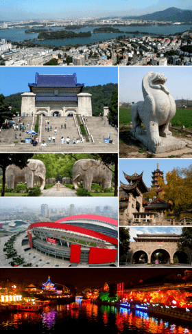 Clockwise from top: 1. the city, Xuanwu Lake and Purple Mountain; 2. stone sculpture "bixie"; 3. Jiming Temple; 4. Yijiang Gate with the City Wall of Nanjing; 5. Qinhuai River and Fuzi Miao; 6. Nanjing Olympic Sports Center; 7. the spirit way of Ming Xiaoling; 8. Sun Yat-sen Mausoleum