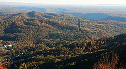 View from the top of Gauley Mountain, looking over the town of Ansted towards the New River Gorge Bridge nearly six miles away.