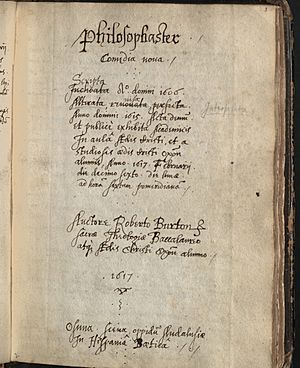 Robert Burton, Philosophaster, 1617, MS Thr 10, front page