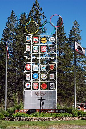 Monument from the 1960 Winter Olympics at the entrance to Olympic Valley in 2011