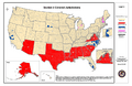 Map depicting states and counties encompassed by the act's coverage formula in January 2008 (excluding bailed-out jurisdictions)