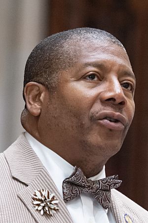 (06-19-19) NY State Senator James Sanders Jr. during Senate Session at the NY State Capitol, Albany NY (cropped).jpg