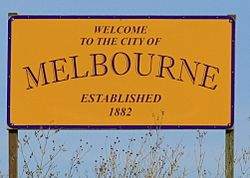 Sign for Melbourne, Iowa along Highway 330