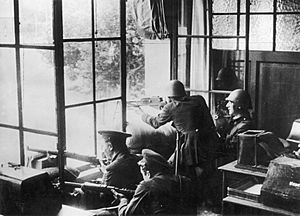 Republican soldiers and Assault Guards fighting in Barcelona during the uprising.