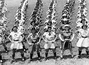 All American Girls Professional Baseball League members performing calisthenics