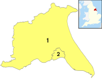 Outline map of the East Riding of Yorkshire with the borders of the City of Kingston upon Hull marked