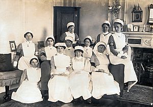 Olive Middleton in 1915 (back row, far right) - at Gledhow Hall, the estate of her cousin, Baroness Airedale