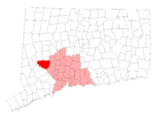 Southbury's location within New Haven County and Connecticut