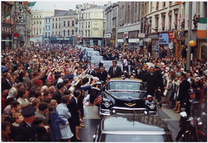 President's Trip to Europe- Motorcade in Dublin. President Kennedy, motorcade, spectators. Dublin, Ireland - NARA - 194227