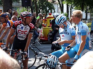 Team Gerolsteiner riders having a chat with CSC rider Jens Voigt during the 2006 Tour de France