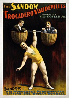 The Sandow Trocadero Vaudevilles, Sandow lifting the human dumbell, 1894