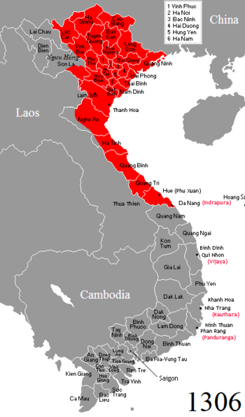 The territory of Đại Việt in 1306 after the marriage of Vietnamese princess Huyền Trân and Cham king Jaya Simhavarman III. The province of  O (Cham: Vuyar) and  Ly (Cham: Ulik) was ceded to Đại Việt as dowry.