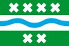 Three horizontal bands, top and bottom green with white saltires (4 on top and 2 on bottom). The centre band and contains a blue curved line from side to side.