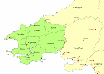 Map showing Dyfed, after the late 7th century, showing its seven cantrefi.