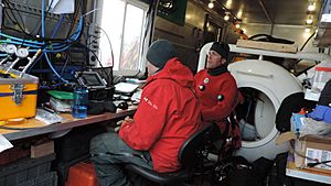 On board Parks Canada's archeology support barge "Qiniqtiryuaq" beside the wreck of the HMS Erebus (1926), 2019