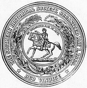 Circular seal with the motto: "The Southern Historical Society, Organized May 1, 1869; Deo Vindice" The central device is a man on a horse, with the text "Re-organized Aug.15.1873.", surrounded by a wreath of assorted plants.