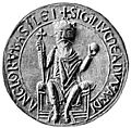 A coin-like device embossed with Edward the Confessor sitting on his throne in the centre and an inscription around the border.