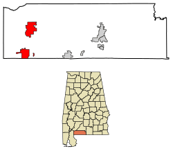 Location of Atmore in Escambia County, Alabama.