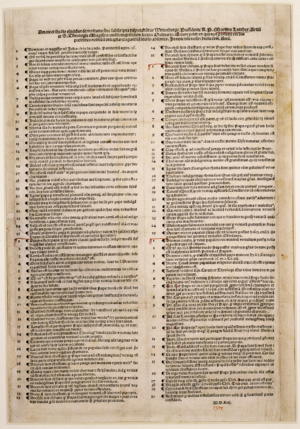 A single page printing of Ninety-five Theses in two columns