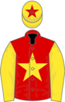 Red, yellow star, yellow sleeves, yellow cap, red star