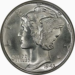 1943D Mercury Dime obverse