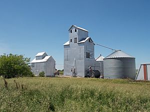 Grain bins along the Iowa Interstate railroad tracks in Downey